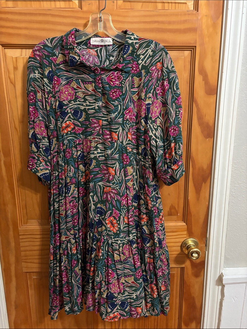 NATURAL LIFE Green Floral Tiered Midi Dress with Pink Accents